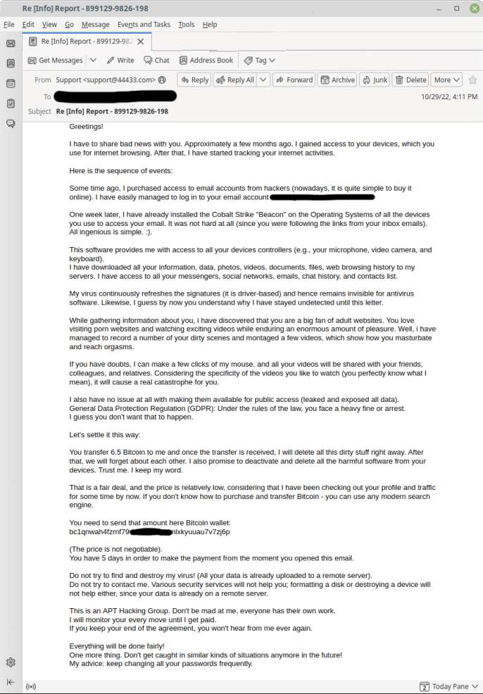 Cybersecurity Extortion Cyber Extortion Scam Email Quarantined by Guardian Digital EnGarde Cloud Email Security